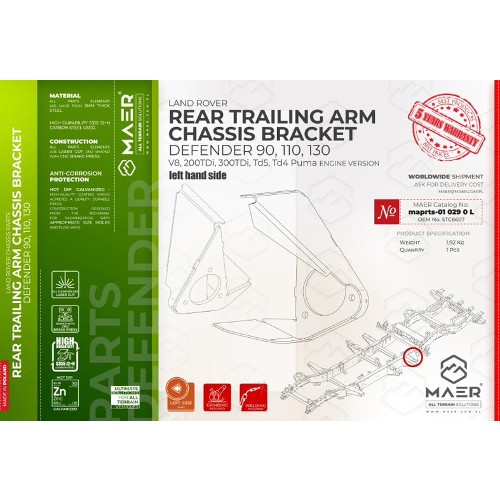 MAER Rear Trailing Arm Chassis Bracket Left - maprts-01 029 0 L for Defender 90 / 110 / 130 / V8 / 2/300 Tdi / Td5 / Tdci Puma