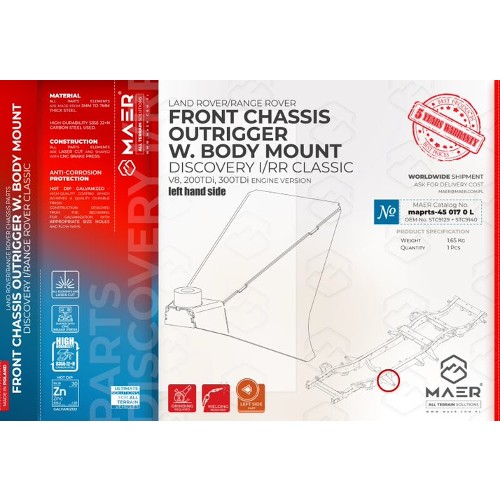 maprts-450170L MAER Discovery I / Range Rover Classic /V8 / 3/200 Tdi Front Chassis Outrigger W. Body Mount Included Left