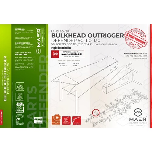 maprts-010340R MAER Bulkhead Outrigger Right for Defender 90 / 110 / 130 / V8 / 2/300 Tdi / Td5 / Tdci Puma