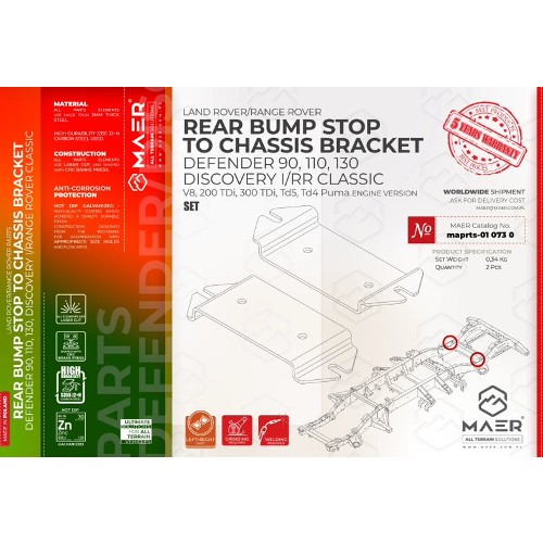 maprts-010730 MAER Rear Bump Stop to Chassis Bracket for Defender 90 / 110 / 130 / Discovery I / Range Rover Classic / V8 / 2/300 Tdi / Td5 / Tdci Puma