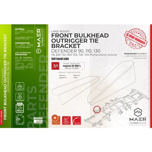 maprts-01083L MAER Front Bulkhead Outrigger Tie Bracket Left for Defender 90 / 110 / 130 / V8 / 2/300 Tdi / Td5 / Tdci Puma