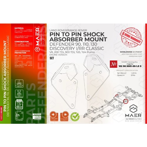 maprts-102060001-00-1.00 MAER Defender 90/ 110/ 130 / Discovery I / Range Rover Classic / V8 / 2/300 Tdi / Td5 / Tdci Puma / Discovery I/ Range Rover Classic Pin To Pin Shock Absorber Mount
